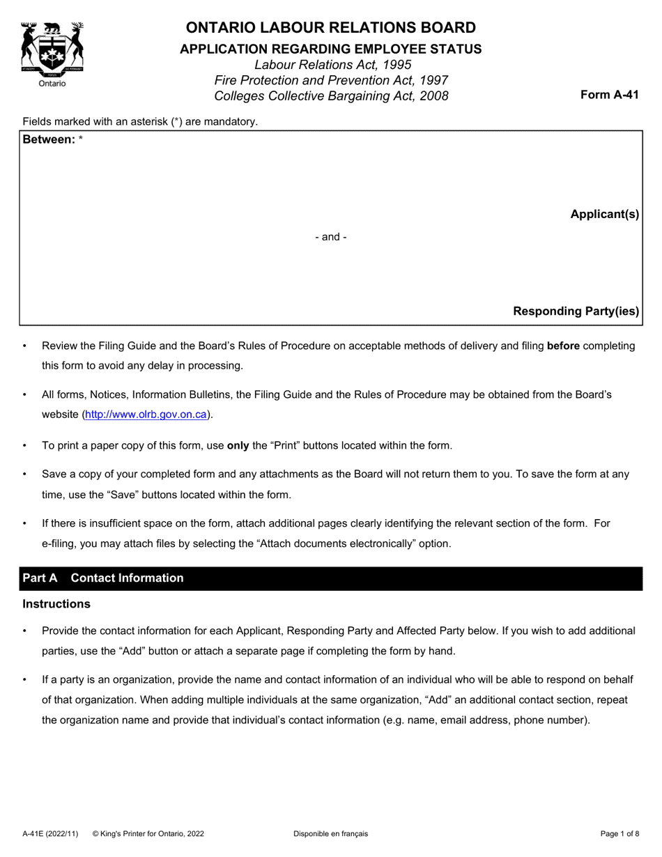 Form A-41 Application Regarding Employee Status - Ontario, Canada, Page 1