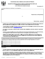 Document preview: Forme A-11 Requete En Revocation Du Droit De Negocier En Vertu De L'article 64, 65 Ou 66 De La Loi - Ontario, Canada (French)