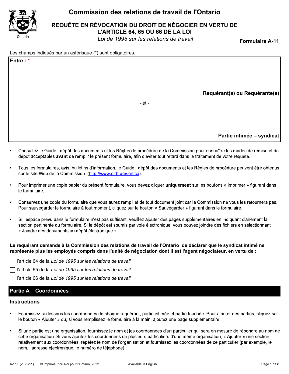 Forme A-11 Requete En Revocation Du Droit De Negocier En Vertu De Larticle 64, 65 Ou 66 De La Loi - Ontario, Canada (French), Page 1