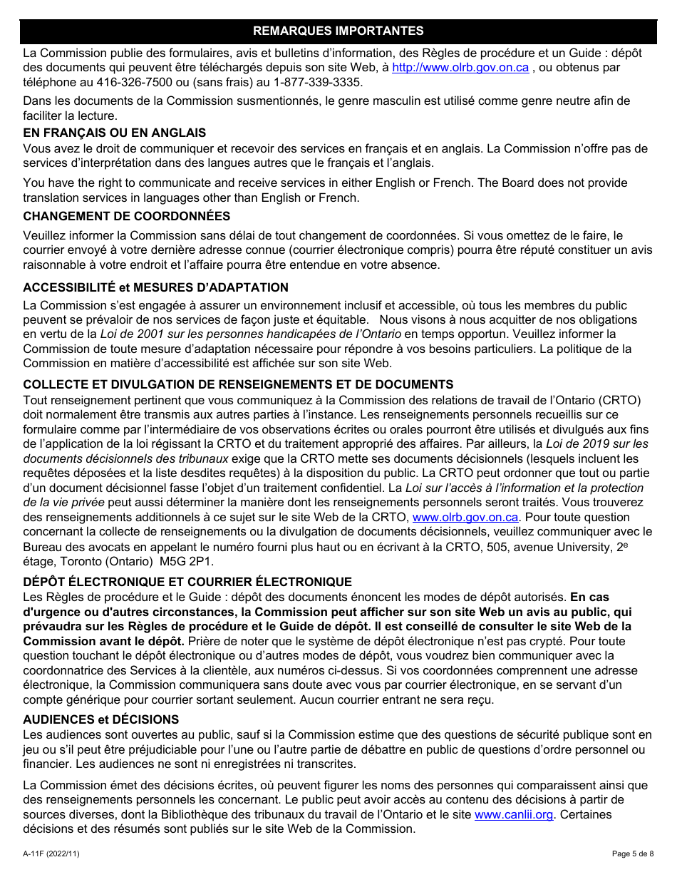 Forme A-11 Requete En Revocation Du Droit De Negocier En Vertu De Larticle 64, 65 Ou 66 De La Loi - Ontario, Canada (French), Page 5