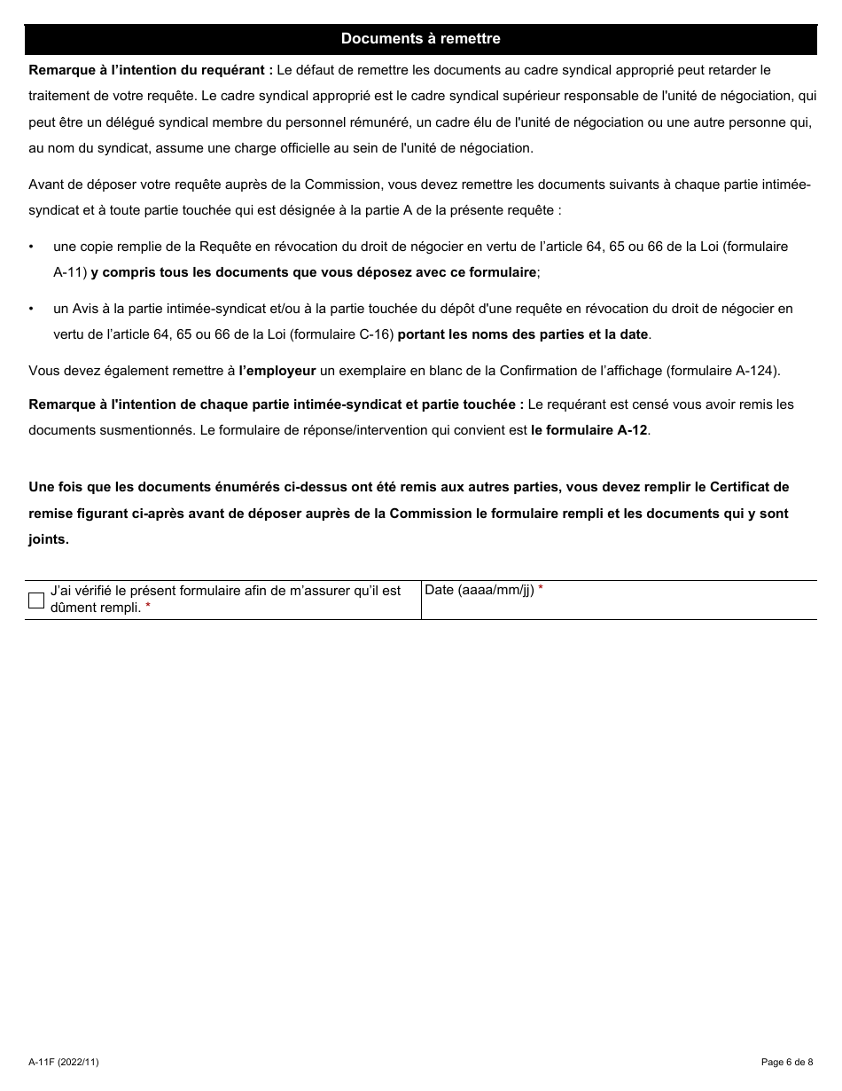 Forme A-11 Requete En Revocation Du Droit De Negocier En Vertu De Larticle 64, 65 Ou 66 De La Loi - Ontario, Canada (French), Page 6