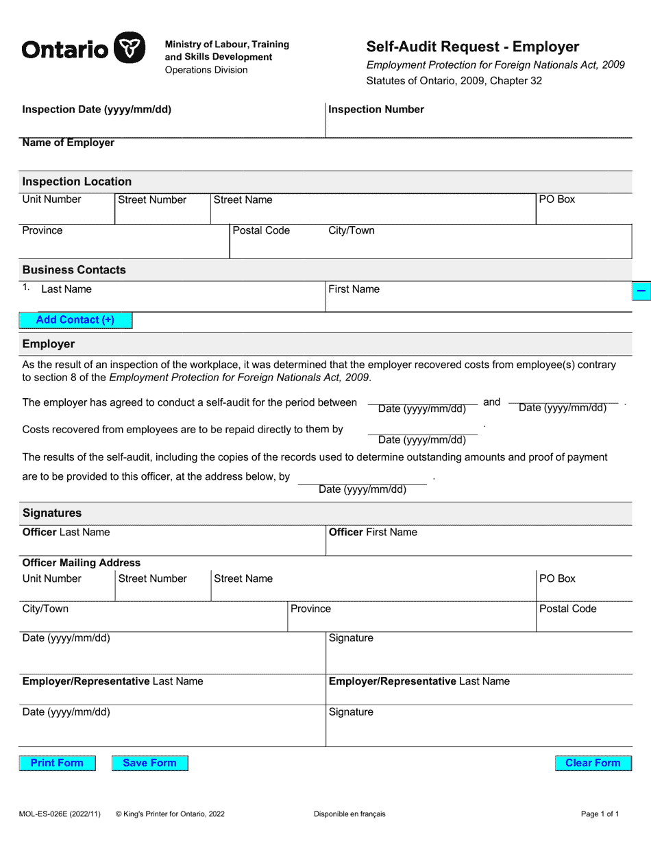 Form MOL-ES-026 Self-audit Request - Employer - Ontario, Canada, Page 1