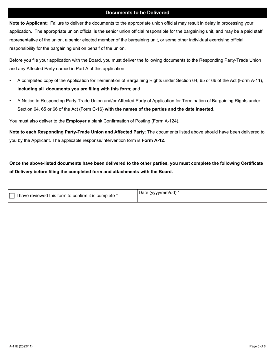 Form A-11 Application for Termination of Bargaining Rights Under Section 64, 65 or 66 of the Act - Ontario, Canada, Page 6