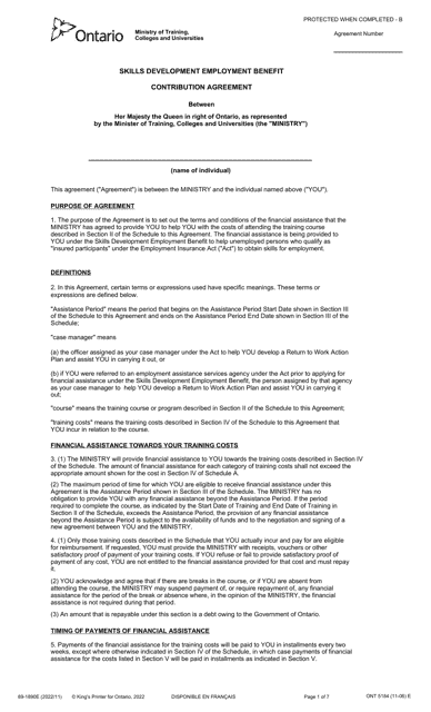 Form 89-1890E Skills Development Employment Benefit Contribution Agreement - Ontario, Canada