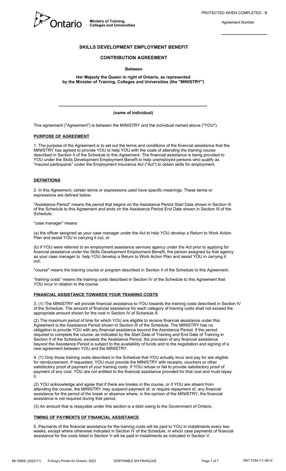 Form 89-1890E Skills Development Employment Benefit Contribution Agreement - Ontario, Canada, Page 1