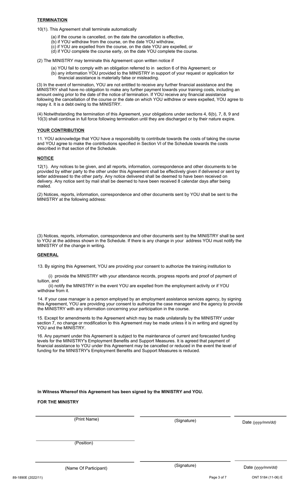 Form 89-1890E Skills Development Employment Benefit Contribution Agreement - Ontario, Canada, Page 3