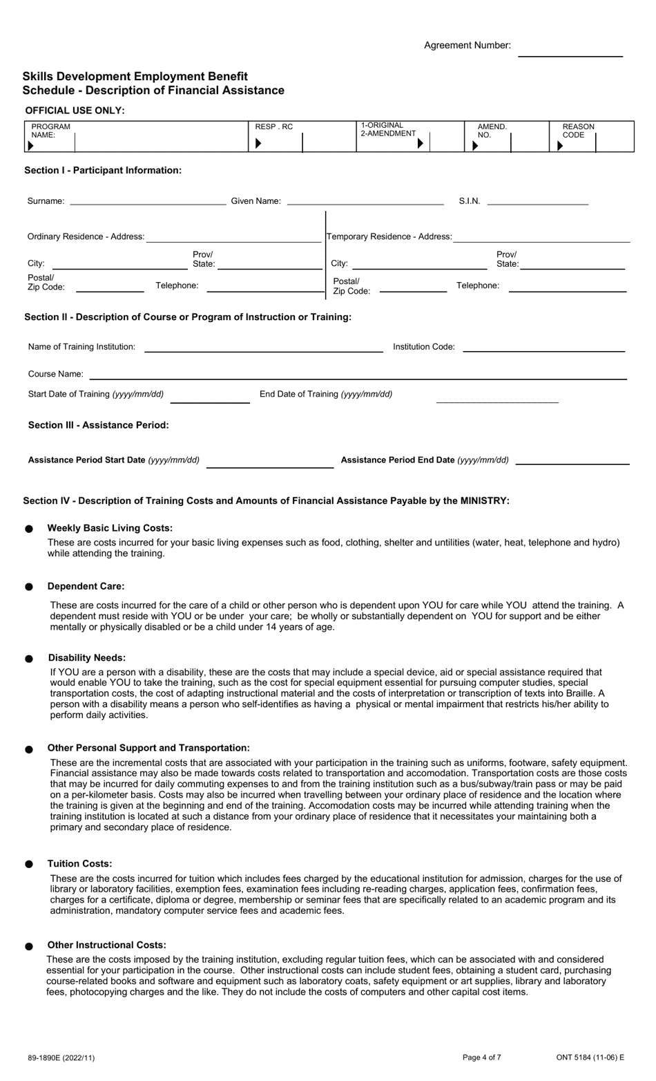 Form 89-1890E Skills Development Employment Benefit Contribution Agreement - Ontario, Canada, Page 4