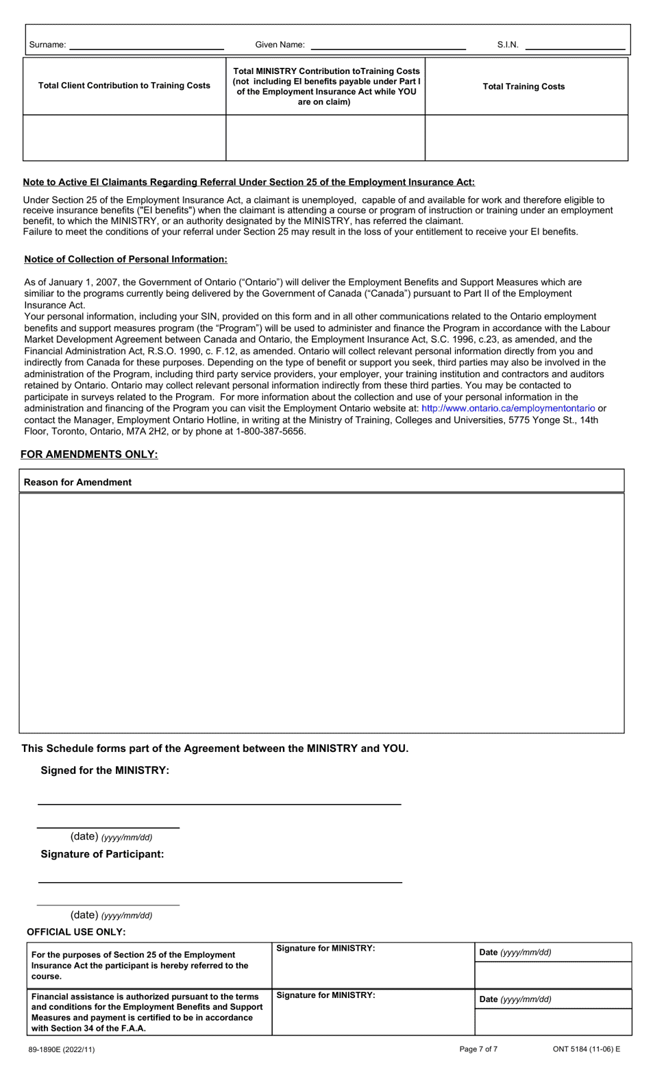 Form 89-1890E Skills Development Employment Benefit Contribution Agreement - Ontario, Canada, Page 7