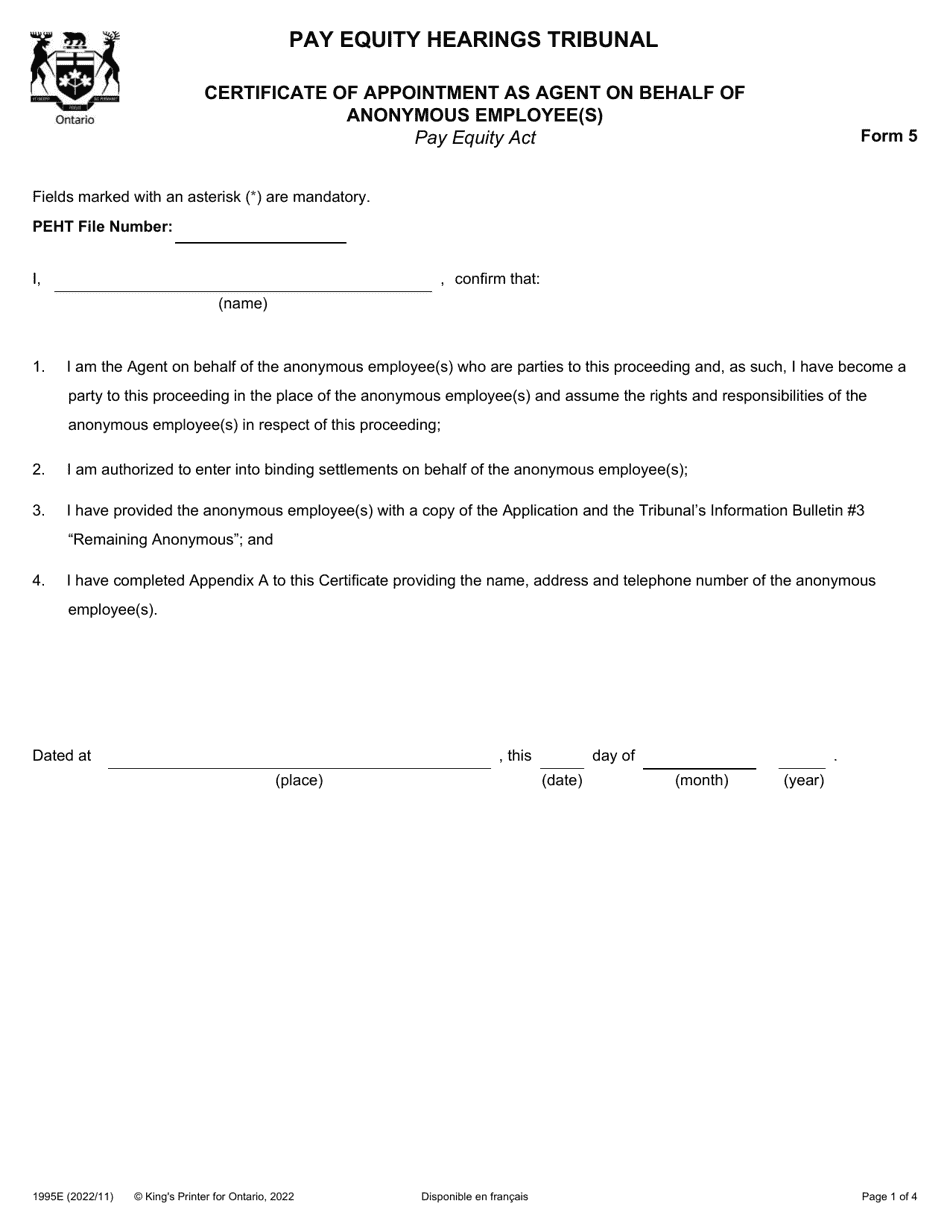 Form 5 (1995E) Certificate of Appointment as Agent on Behalf of Anonymous Employee(S) - Ontario, Canada, Page 1
