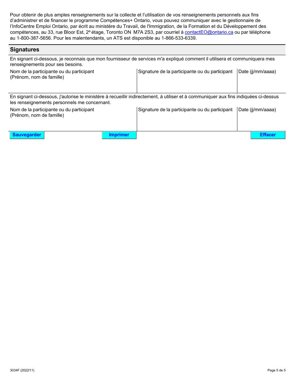 Forme 3034F Competences+ Ontario Inscription Du Participant - Ontario, Canada (French), Page 5