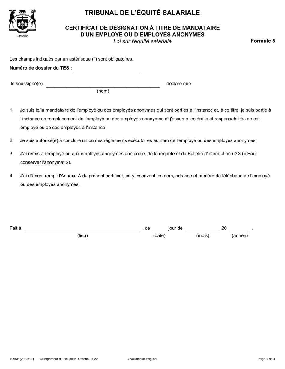 Forme 5 (1995F) Certificat De Designation a Titre De Mandataire Dun Employe Ou Demployes Anonymes - Ontario, Canada (French), Page 1