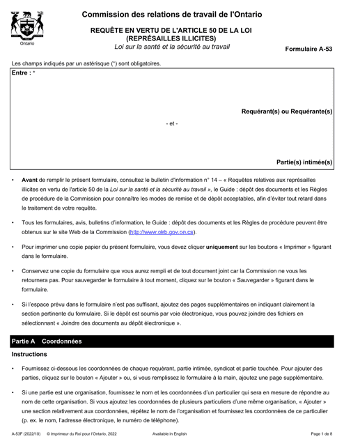 Forme A-53 Requete En Vertu De L'article 50 De La Loi (Represailles Illicites) - Ontario, Canada (French)