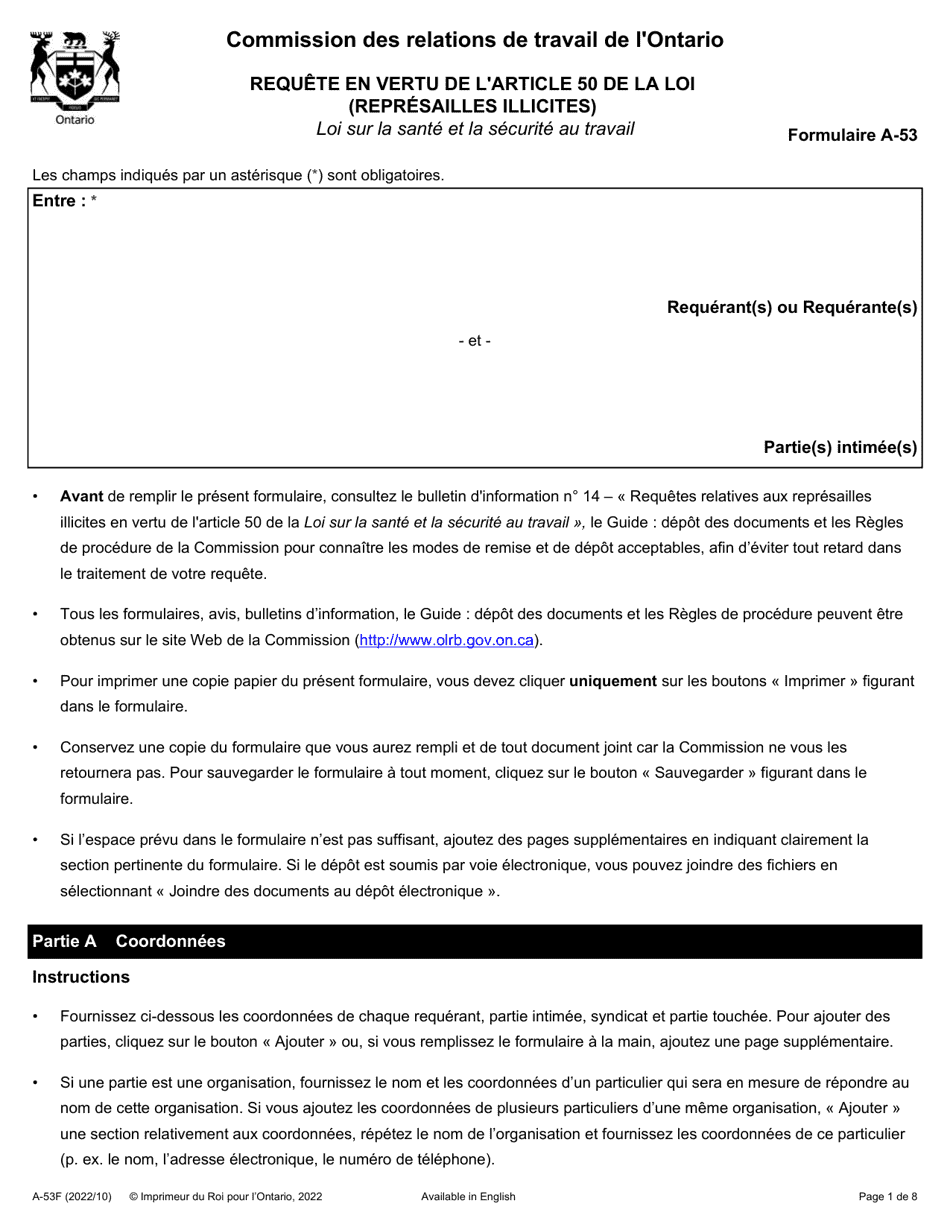 Forme A-53 Requete En Vertu De Larticle 50 De La Loi (Represailles Illicites) - Ontario, Canada (French), Page 1