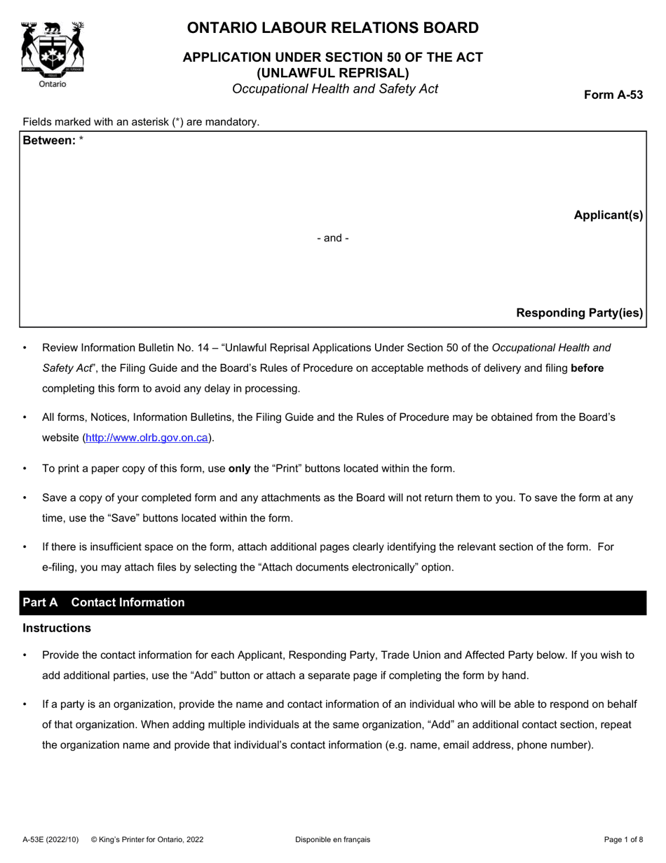 Form A-53 Application Under Section 50 of the Act (Unlawful Reprisal) - Ontario, Canada, Page 1