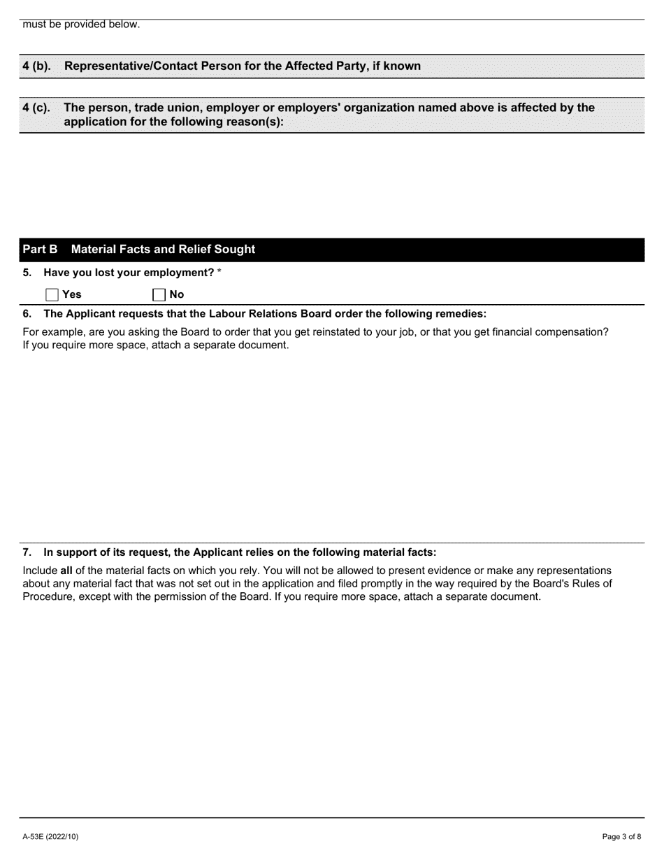 Form A-53 Application Under Section 50 of the Act (Unlawful Reprisal) - Ontario, Canada, Page 3