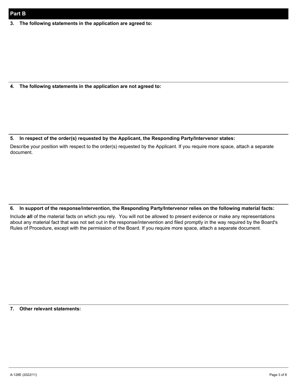 Form A-128 Response / Intervention - Application Under Section 28 or 45.1 of the Act - Ontario, Canada, Page 3