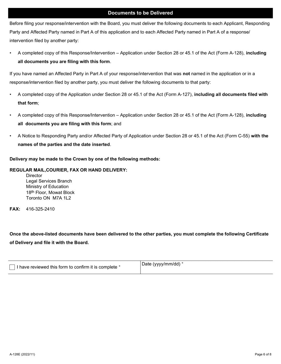 Form A-128 Response / Intervention - Application Under Section 28 or 45.1 of the Act - Ontario, Canada, Page 6