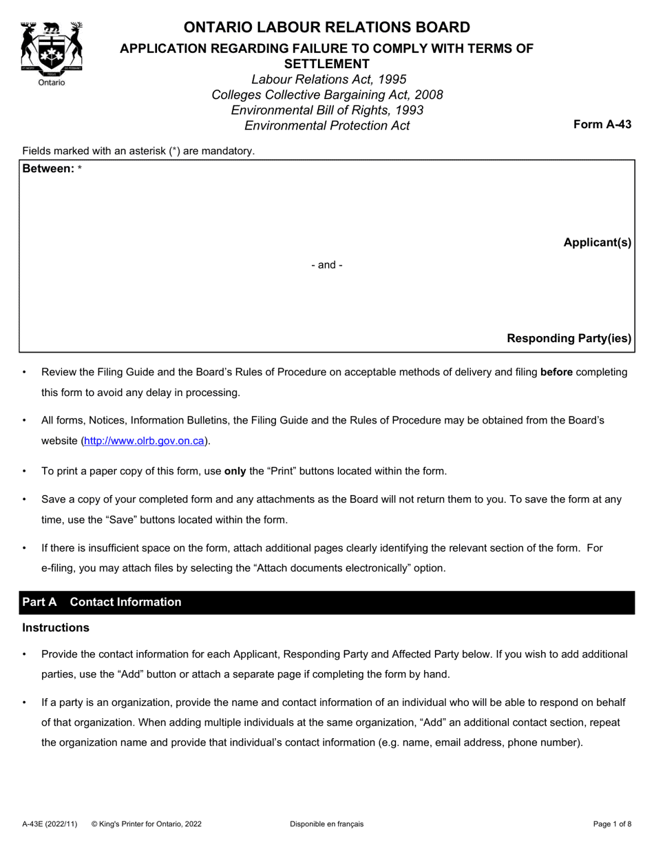 Form A-43 Application Regarding Failure to Comply With Terms of Settlement - Ontario, Canada, Page 1