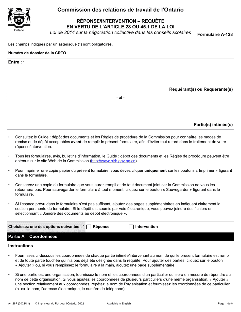 Forme A-128 Reponse / Intervention - Requete En Vertu De Larticle 28 Ou 45.1 De La Loi - Ontario, Canada (French), Page 1