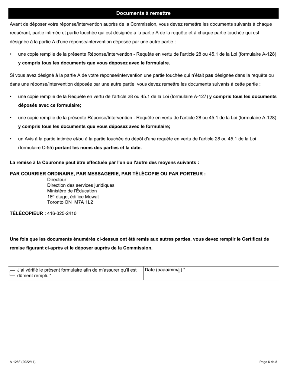 Forme A-128 Reponse / Intervention - Requete En Vertu De Larticle 28 Ou 45.1 De La Loi - Ontario, Canada (French), Page 6