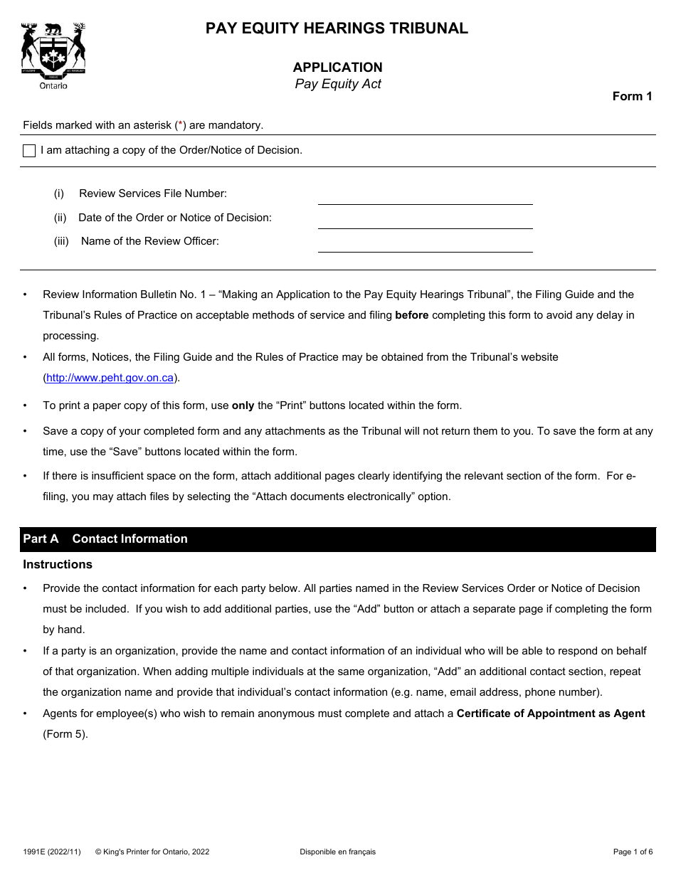 Form 1 (1991E) Application for Hearing - Ontario, Canada, Page 1