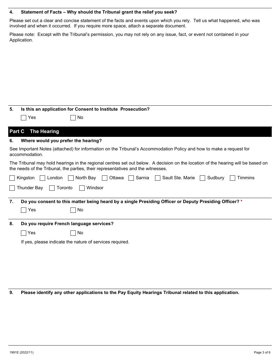 Form 1 (1991E) Application for Hearing - Ontario, Canada, Page 3