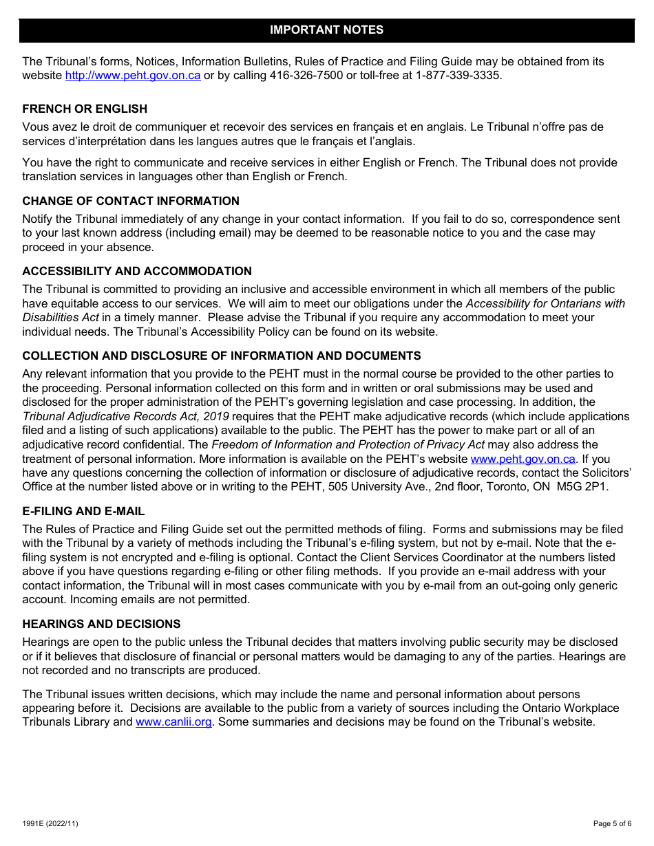 Form 1 (1991E) Application for Hearing - Ontario, Canada, Page 5