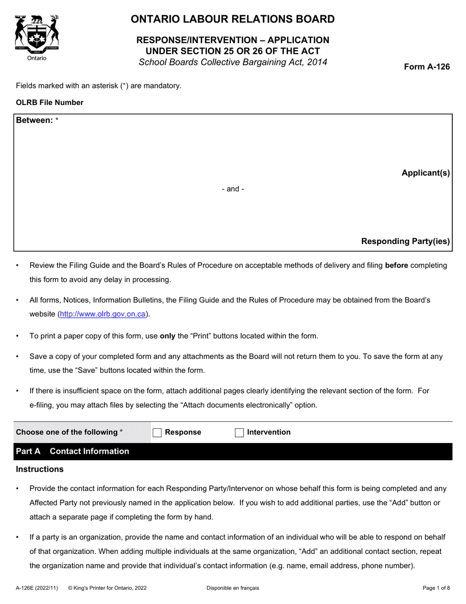 Form A 126 Fill Out Sign Online And Download Fillable PDF Ontario   Form A 126 Response Intervention Application Under Section 25 Or 26 Of The Act Ontario Canada Print Big 