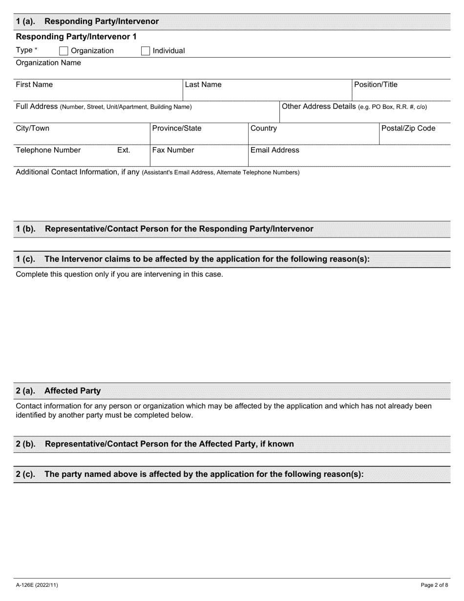Form A-126 Response / Intervention - Application Under Section 25 or 26 of the Act - Ontario, Canada, Page 2