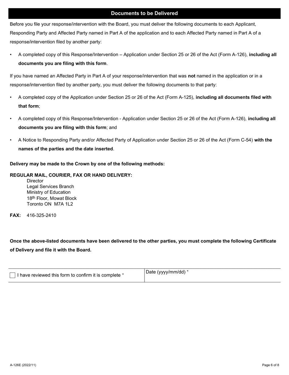 Form A-126 Response / Intervention - Application Under Section 25 or 26 of the Act - Ontario, Canada, Page 6
