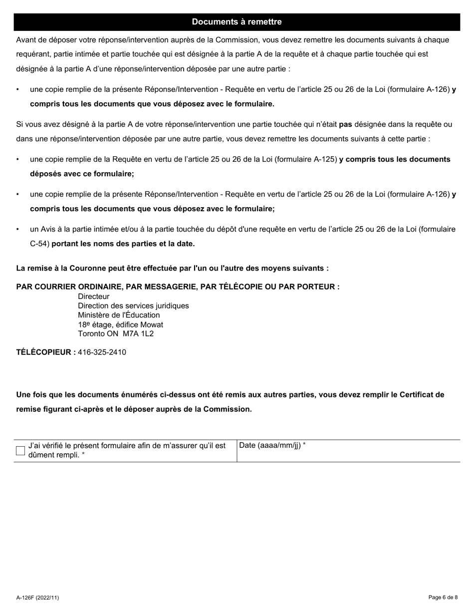 Forme A-126 Reponse / Intervention - Requete En Vertu De Larticle 25 Ou 26 De La Loi - Ontario, Canada (French), Page 6