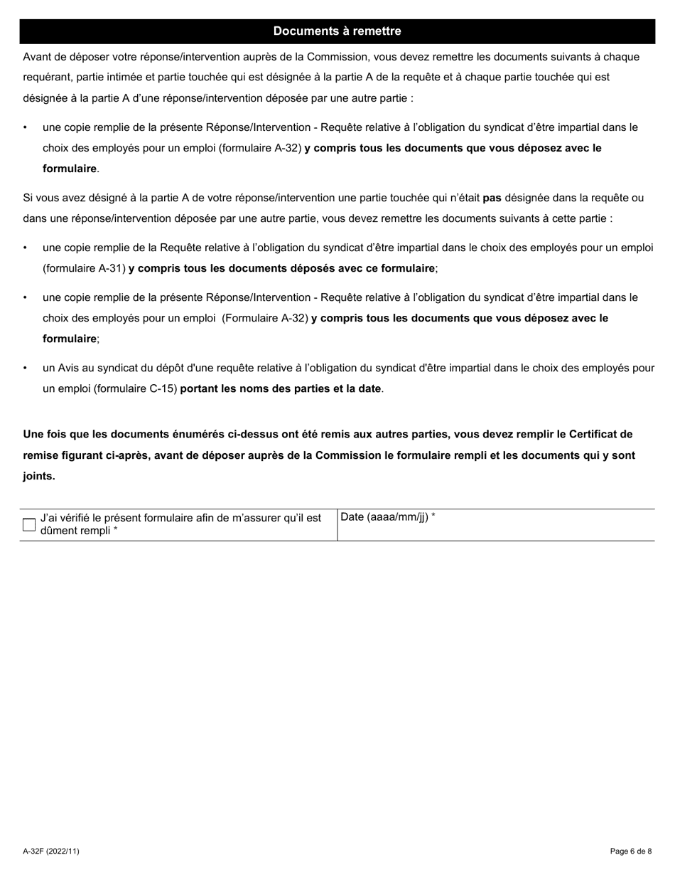 Forme A-32 Reponse / Intervention - Requete Relative a Lobligation Du Syndicat Detre Impartial Dans Le Choix DES Employes Pour Un Emploi - Ontario, Canada (French), Page 6