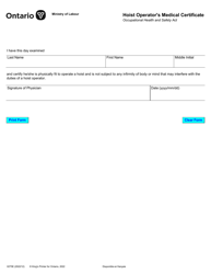Document preview: Form 0275E Hoist Operator's Medical Certificate - Ontario, Canada