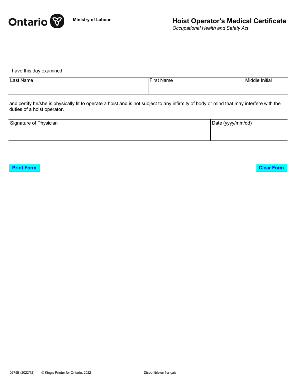 Form 0275E Hoist Operators Medical Certificate - Ontario, Canada, Page 1