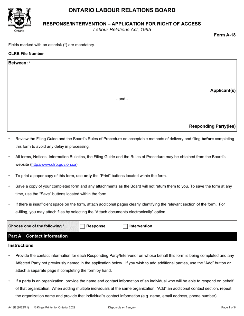 Form A-18 Response / Intervention - Application for Right of Access - Ontario, Canada, Page 1