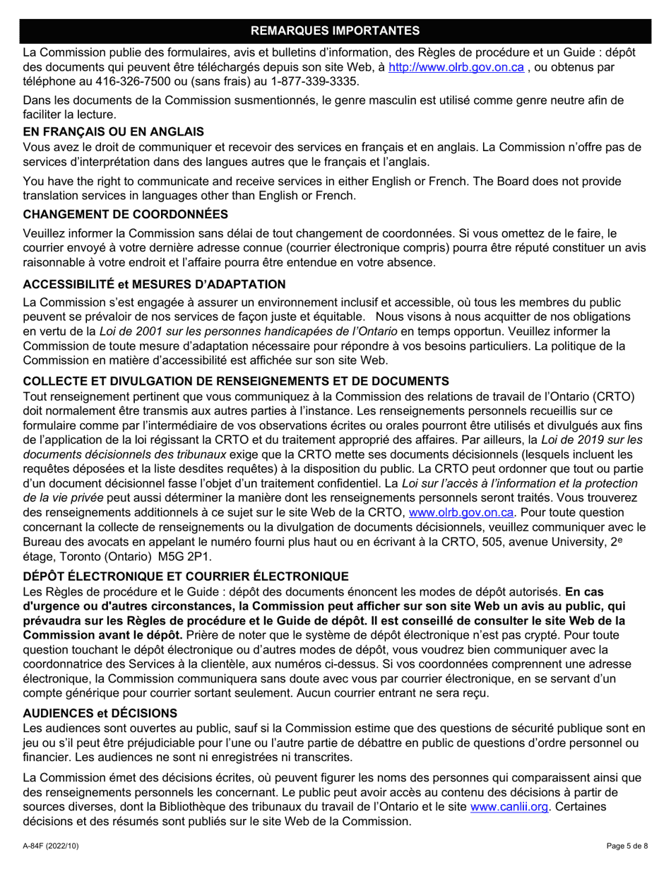 Forme A-84 Reponse / Intervention - Requete En Vertu De Larticle 127.2 De La Loi (Revocation Du Droit De Negocier, Employeur Exterieur a Lindustrie De La Construction) - Ontario, Canada (French), Page 5
