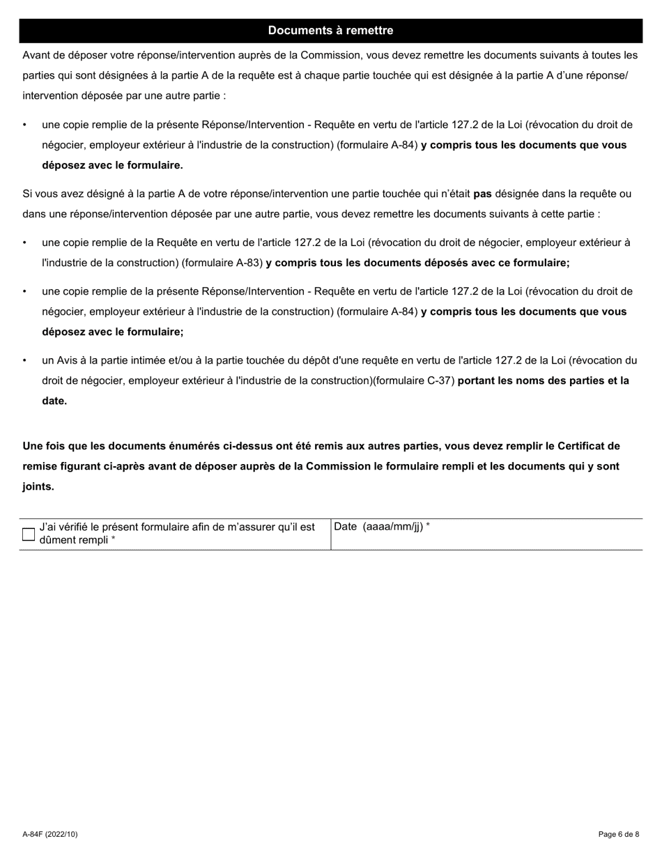 Forme A-84 Reponse / Intervention - Requete En Vertu De Larticle 127.2 De La Loi (Revocation Du Droit De Negocier, Employeur Exterieur a Lindustrie De La Construction) - Ontario, Canada (French), Page 6