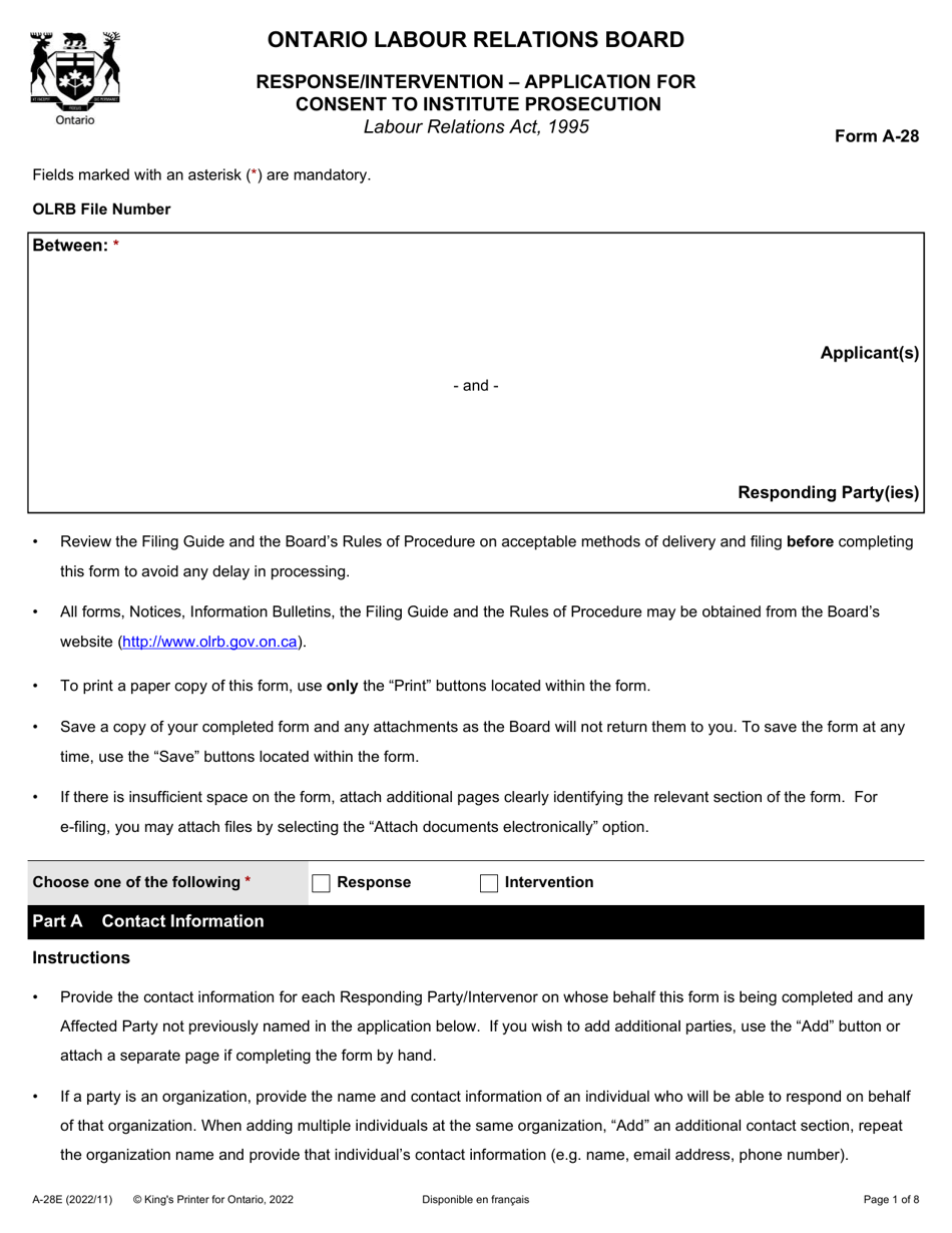 Form A-28 Response / Intervention - Application for Consent to Institute Prosecution - Ontario, Canada, Page 1