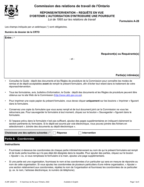 Forme A-28 Reponse/Intervention - Requete En Vue D'obtenir L'autorisation D'introduire Une Poursuite - Ontario, Canada (French)