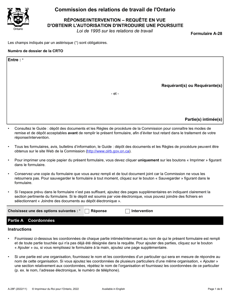 Forme A-28 Reponse / Intervention - Requete En Vue Dobtenir Lautorisation Dintroduire Une Poursuite - Ontario, Canada (French), Page 1