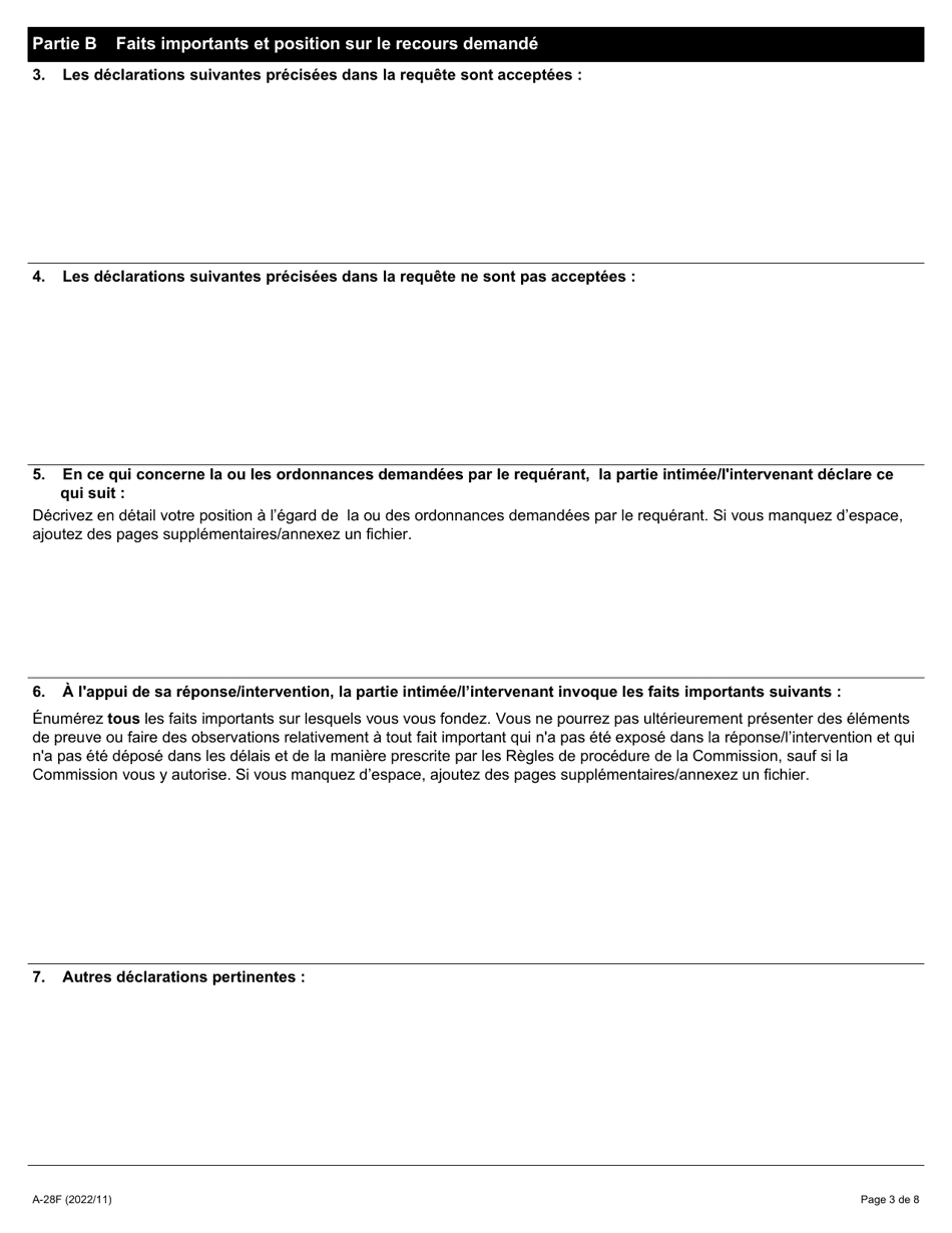Forme A-28 Reponse / Intervention - Requete En Vue Dobtenir Lautorisation Dintroduire Une Poursuite - Ontario, Canada (French), Page 3
