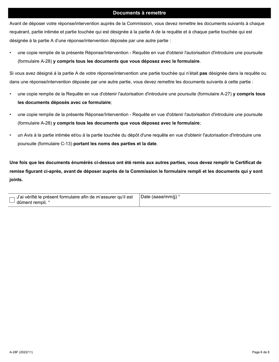 Forme A-28 Reponse / Intervention - Requete En Vue Dobtenir Lautorisation Dintroduire Une Poursuite - Ontario, Canada (French), Page 6