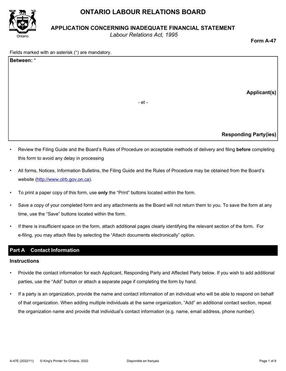 Form A-27 Application Concerning Inadequate Financial Statement - Ontario, Canada, Page 1