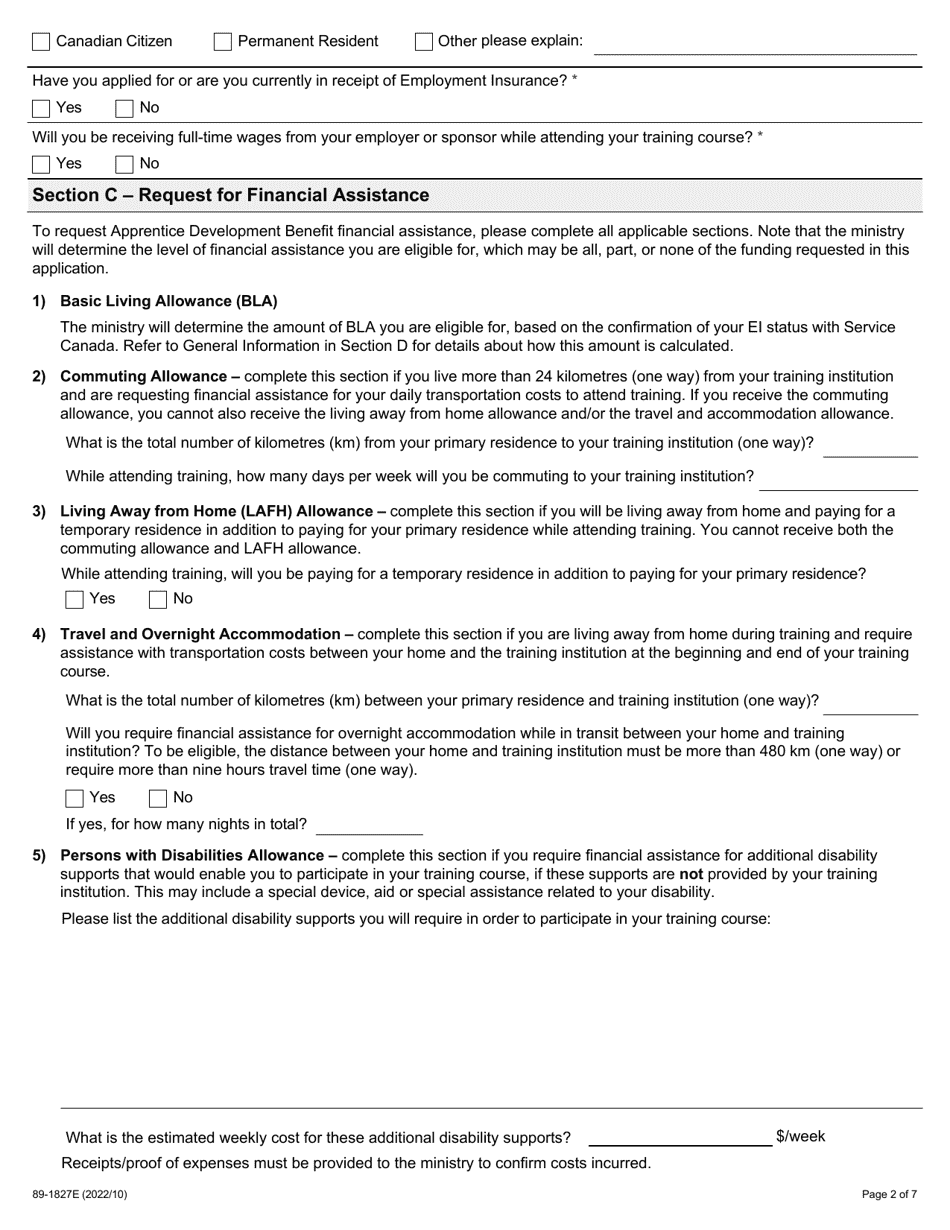 Form 89-1827E Apprentice Development Benefit Application - Ontario, Canada, Page 2