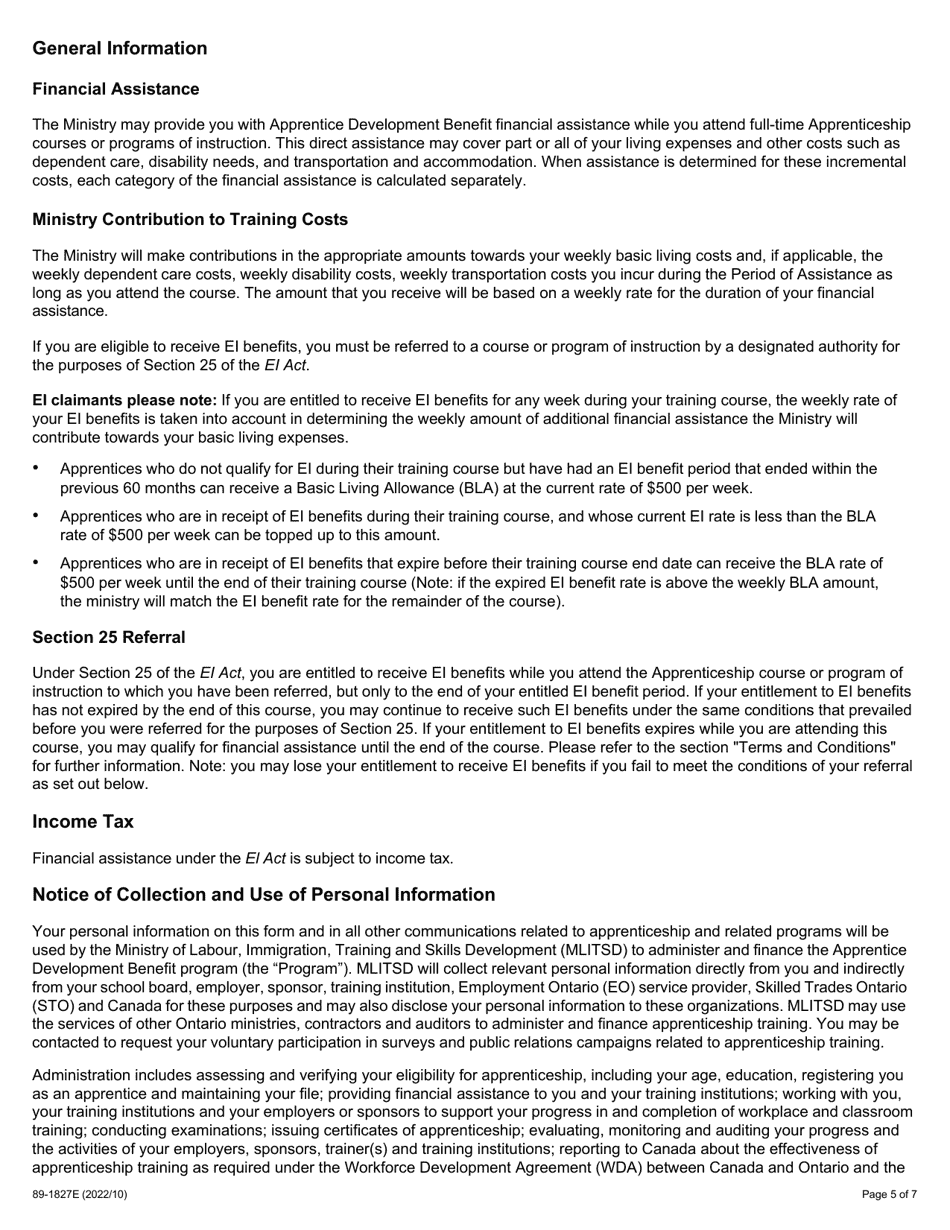Form 89-1827E Apprentice Development Benefit Application - Ontario, Canada, Page 5