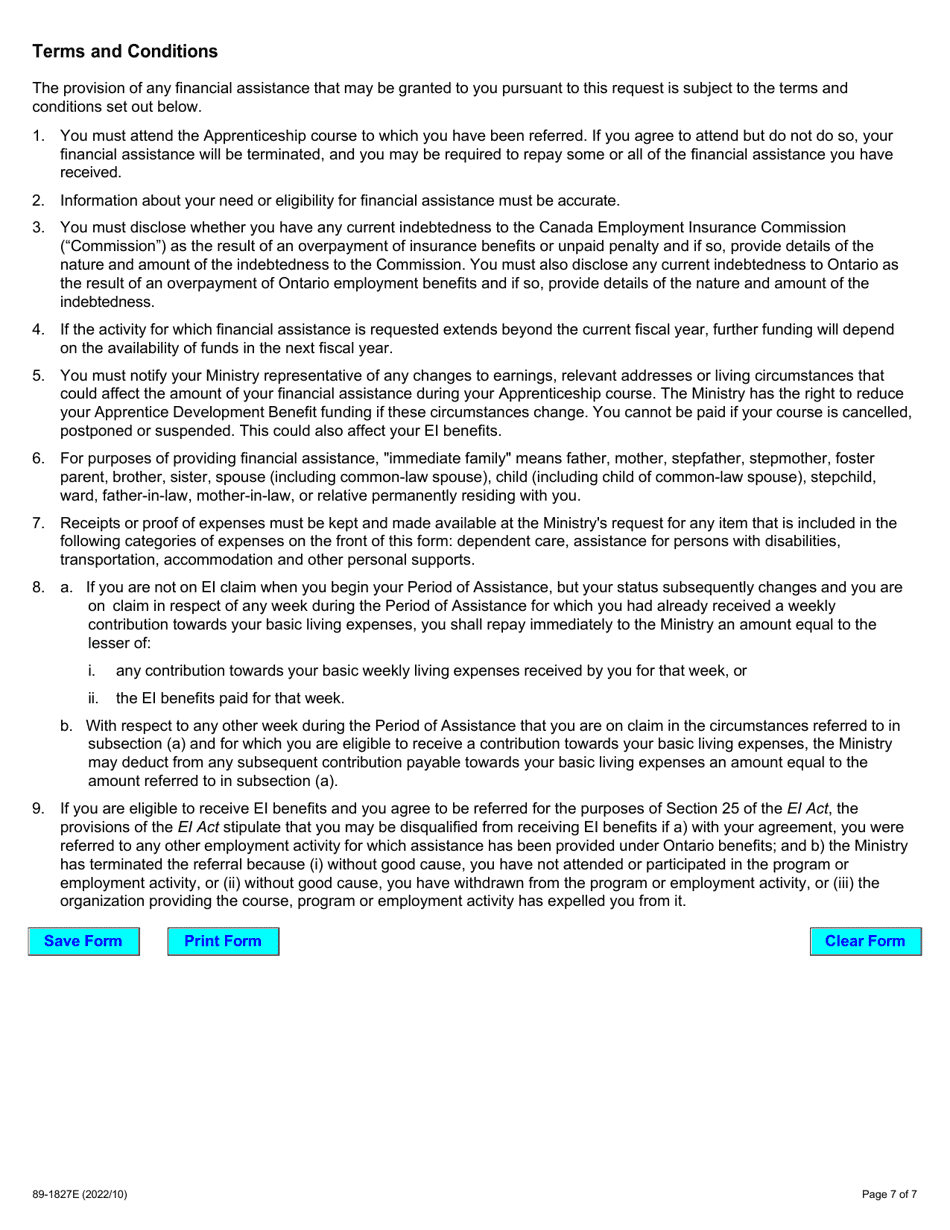 Form 89-1827E Apprentice Development Benefit Application - Ontario, Canada, Page 7