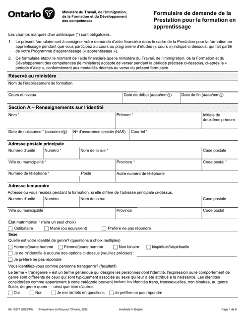 Forme 89-1827F Formulaire De Demande De La Prestation Pour La Formation En Apprentissage - Ontario, Canada (French)
