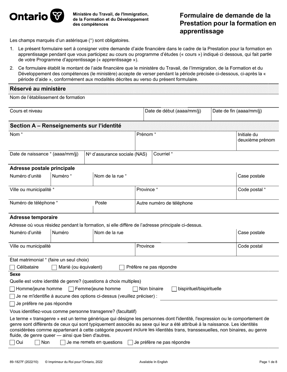 Forme 89-1827F Formulaire De Demande De La Prestation Pour La Formation En Apprentissage - Ontario, Canada (French), Page 1