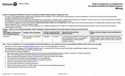 Document preview: Instructions for Form 016-0289E Application for Employment Occupational Health and Safety Inspector - Mining - Ontario, Canada