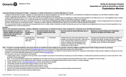 Document preview: Instruction pour Forme 0289F Demande D'emploi Inspecteur En Sante Et Securite Au Travail - Mines - Ontario, Canada (French)